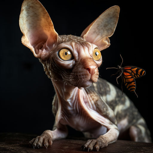 Cornish rex cat staring at an insect