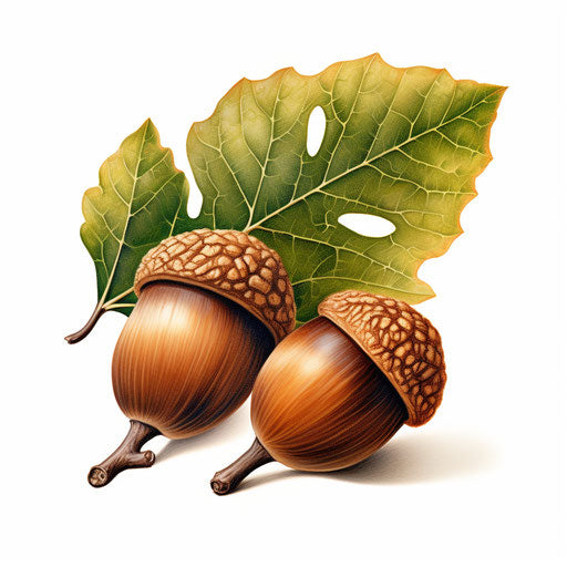 Acorn drawing in the style of oil painting, on a white background