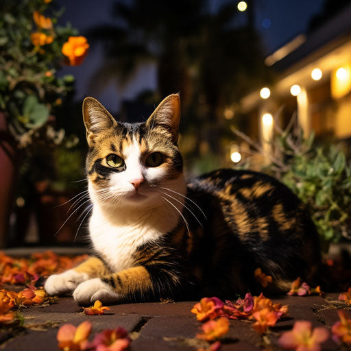 Calico cat lying outside at night