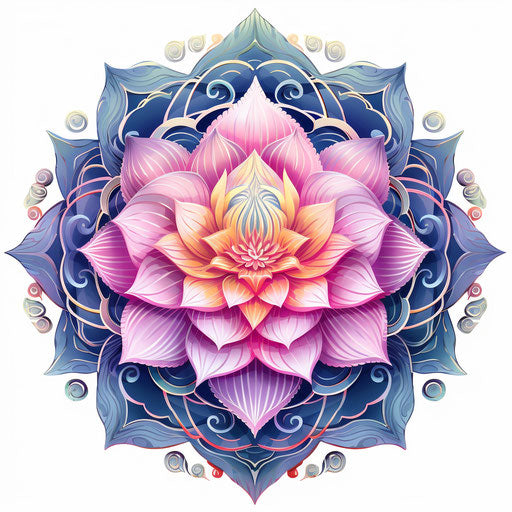 Lotus flower drawing in circle form, magenta and blue style