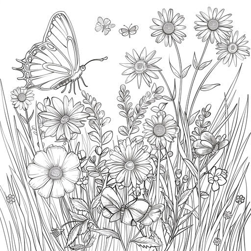 Butterfly garden with flowers: coloring book page