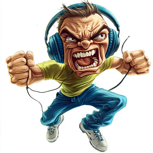 Humorous caricature of a headset caricature clipart with human characteristics, exaggerated frowning mouth, muscular arms, in mid-jump, vibrant colors, cartoon style, smiling, high-resolution, no background, isolated