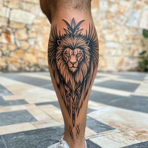Shin tattoo with bold tribal wings and a fierce lion