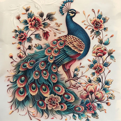 Neo-traditional peacock tattoo on white canvas
