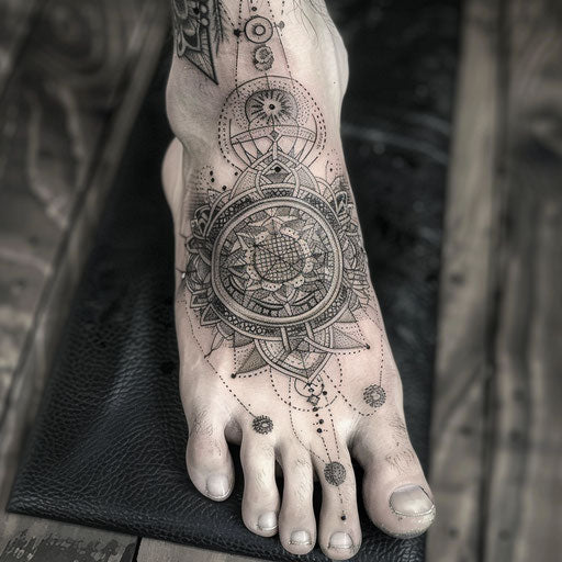Spiritual tattoos of a sacred geometry pattern on the foot