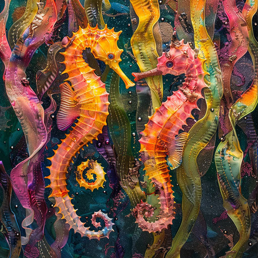 Seahorses among colorful and lively seaweed