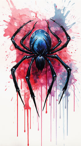 Black spider symbol on white background, colorful ink wash style