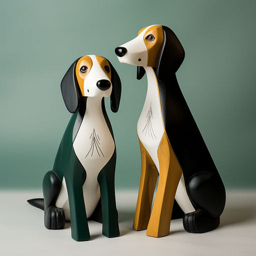 Wooden beagle figurines in black and amber grisaille style
