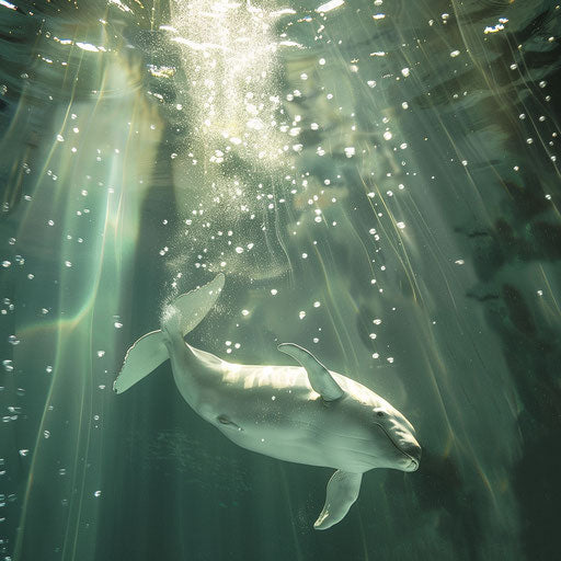 Beluga playing in a stream of bubbles with sunlight filtering through