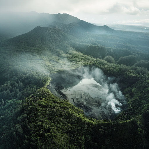 Aerial view of Mount Batur's crater and surrounding forests