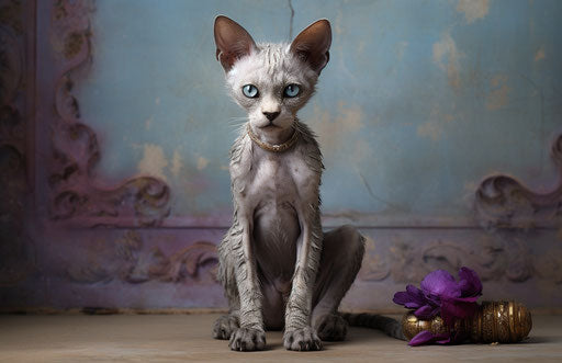 blue-eyed cat on the floor, ramses younan style, light silver and light purple