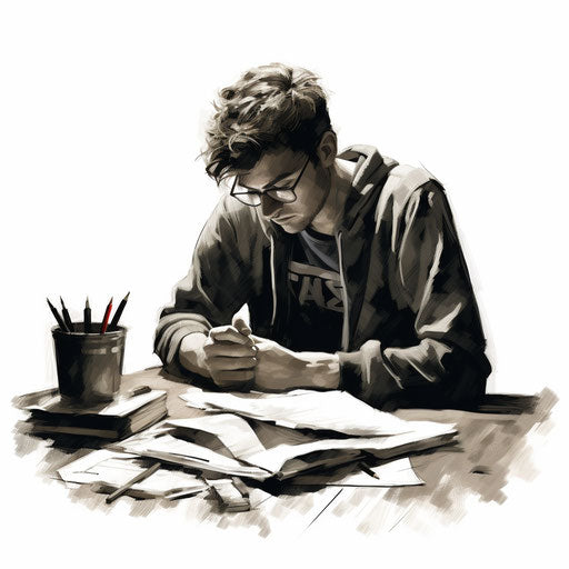 Illustration of homework in the style of Chiaroscuro Art, on white background