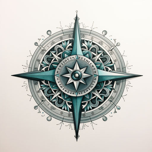 Black compass on white background, dark silver and dark aquamarine style