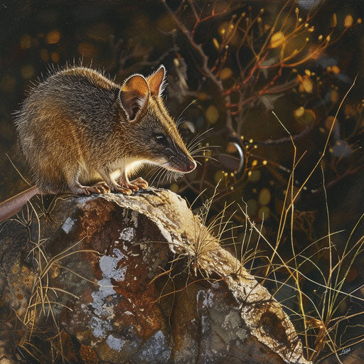 Northern brown bandicoot on rock in early morning light