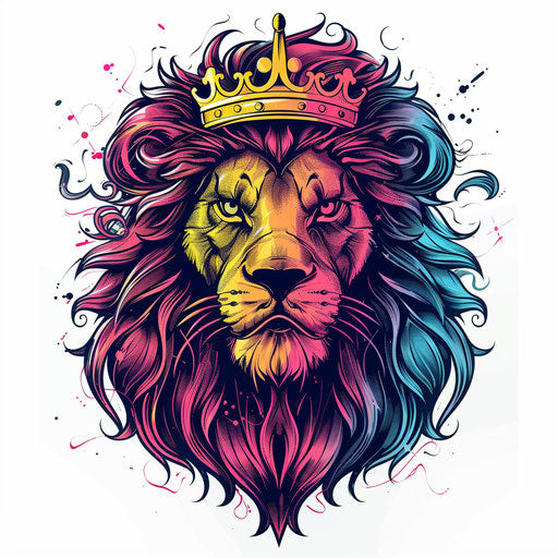 Flat clipart style sketch of a lion with a crown tattoo