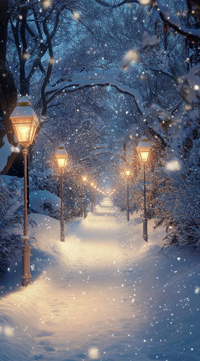Fantasy winter garden with lighted path