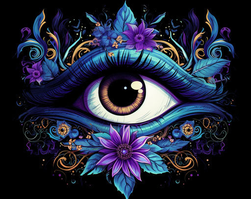 Blue and purple eye, floral symbol, abstract flower pattern