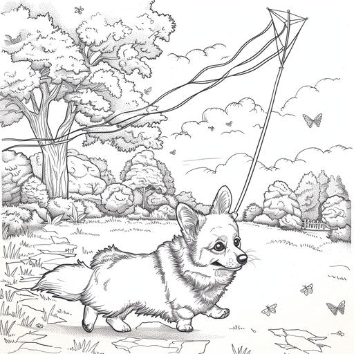 Whimsical scene of a corgi flying a kite in the park