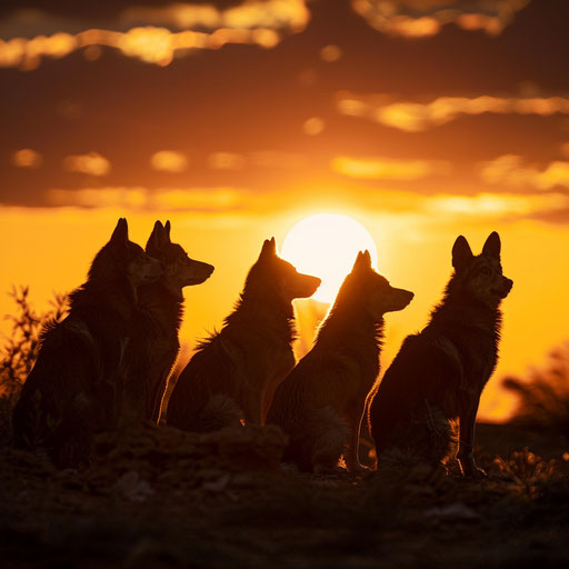 Pack of wild dogs silhouetted against setting sun