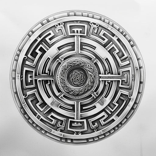 Intricate maze design inspired by the myth of the Minotaur, Greek tattoo on white background