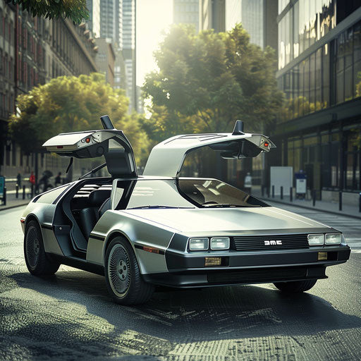 Zero-emission DeLorean DMC-12 concept on green city street