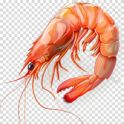 Shrimp clipart in photo realistic style with a flat random background, glossy finish and sharp outlines