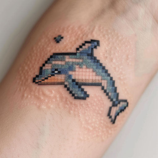 8-bit pixel art dolphin tattoo on white background