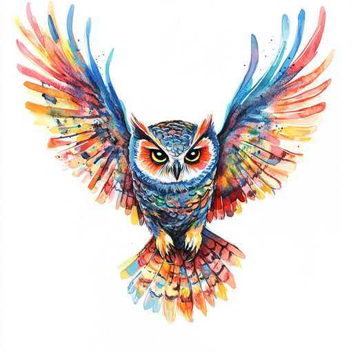 Owl neck tattoo in watercolor flat tattoo style on white