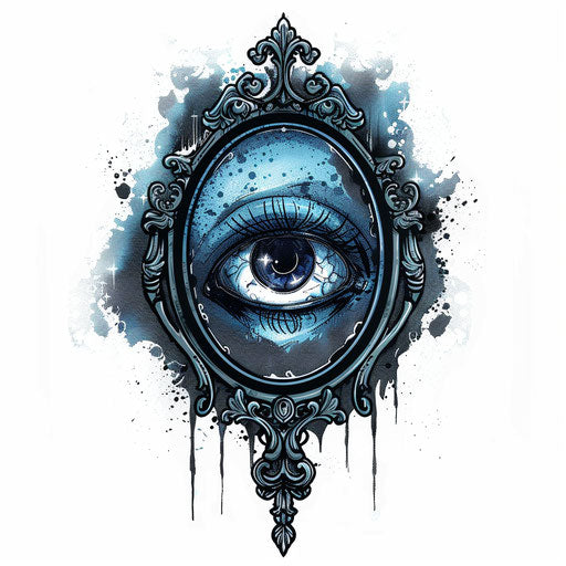 Symbolic tattoo sketch of a mirror with an eye