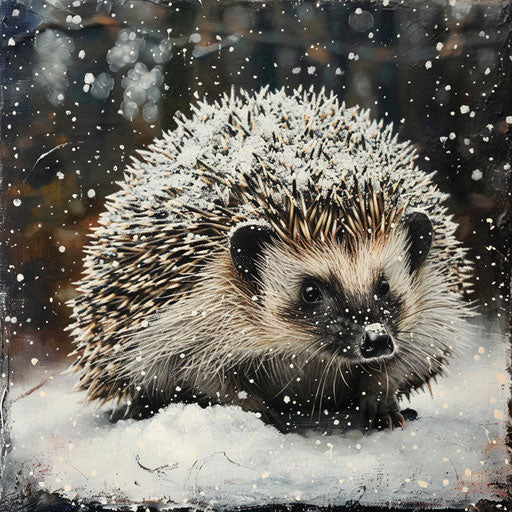 A hedgehog's first snow, its spines dusted with white, contrast of textures and seasons