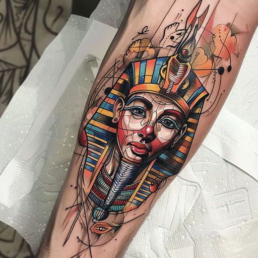 Flat tattoo sketch of a pharaoh with colorful, detailed Egyptian gods and goddesses