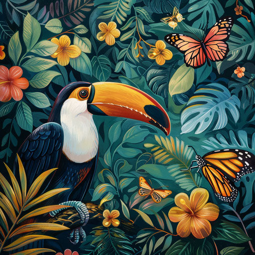 Toucan and butterfly in tropical jungle