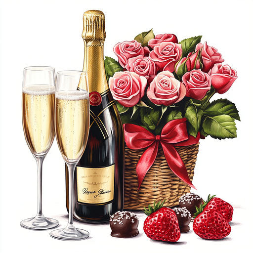 Champagne and roses with chocolate-covered strawberries