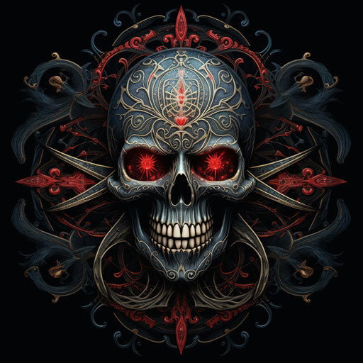 Skull face with pentagram tattoo, cobra style, symmetrical arrangements