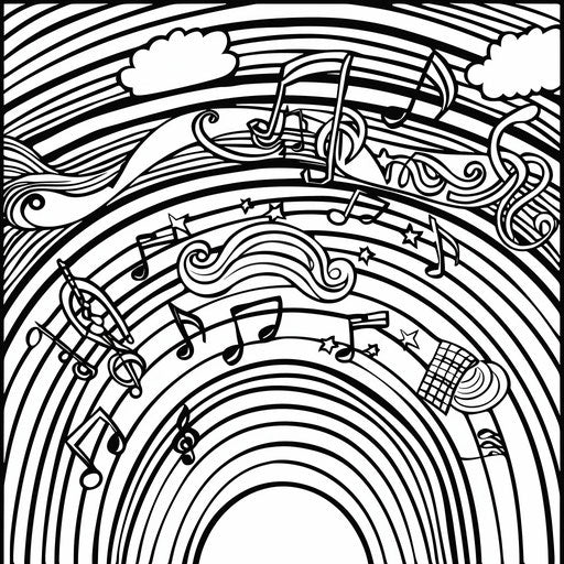 Rainbow intertwined with notes and instruments. Coloring page