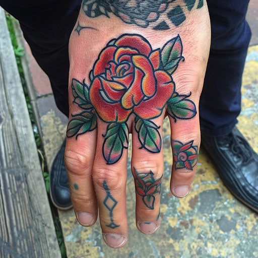 Men's finger tattoos in the style of Ed Hardy with traditional rose designs