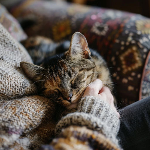 Tortoise cat sleeping on a couch with its owner