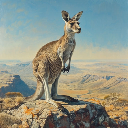 Grey kangaroo on rocky outcrop, overlooking vast valley