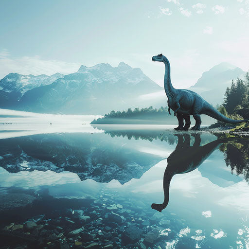 Dinosaur by a glassy lake