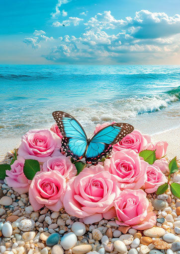 3D diamond painting of heart-shaped beach with pink roses and butterfly