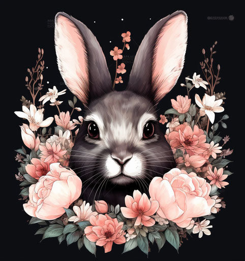 Black rabbit with flowers tattoo style UHD pink