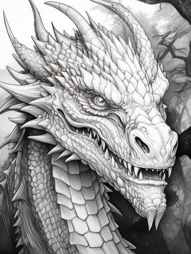 Dragon head in black and white coloring pages, symbolic realism style, epic fantasy scenes