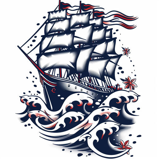 Navy tattoo with battleship and ocean waves