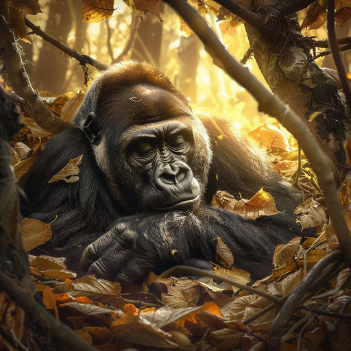 Western lowland gorilla resting in a nest of leaves