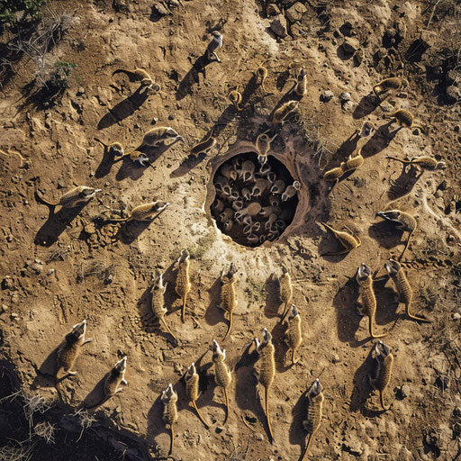 Aerial view of meerkat colony, showcasing their environment and burrows, wide-angle shot.