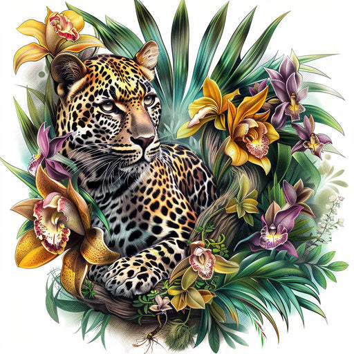 Realistic jungle with leopard and orchids, clipart style
