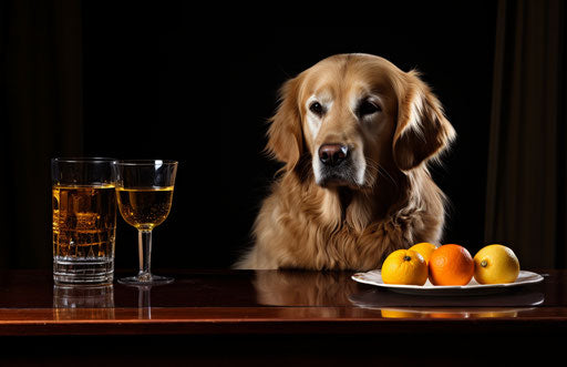 Golden retriever on table with water and treats