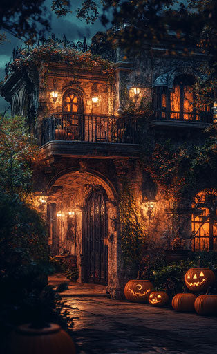 Haunted house for Halloween with pumpkins, spooky design