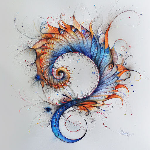 Fantasy tattoo sketch of a Fibonacci spiral with whimsical elements and vibrant colors