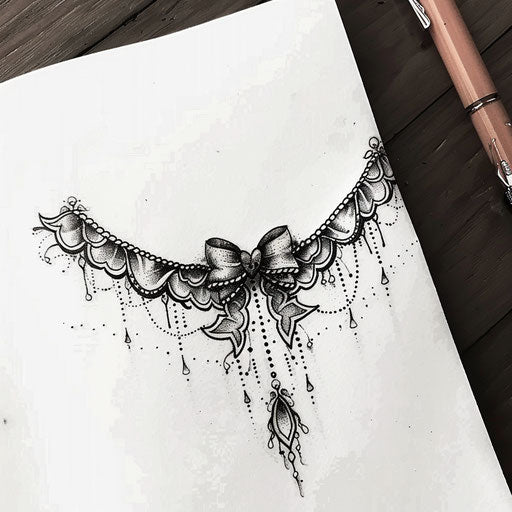 Stylish flat tattoo sketch of a bridal garter with delicate lace and a tiny bow